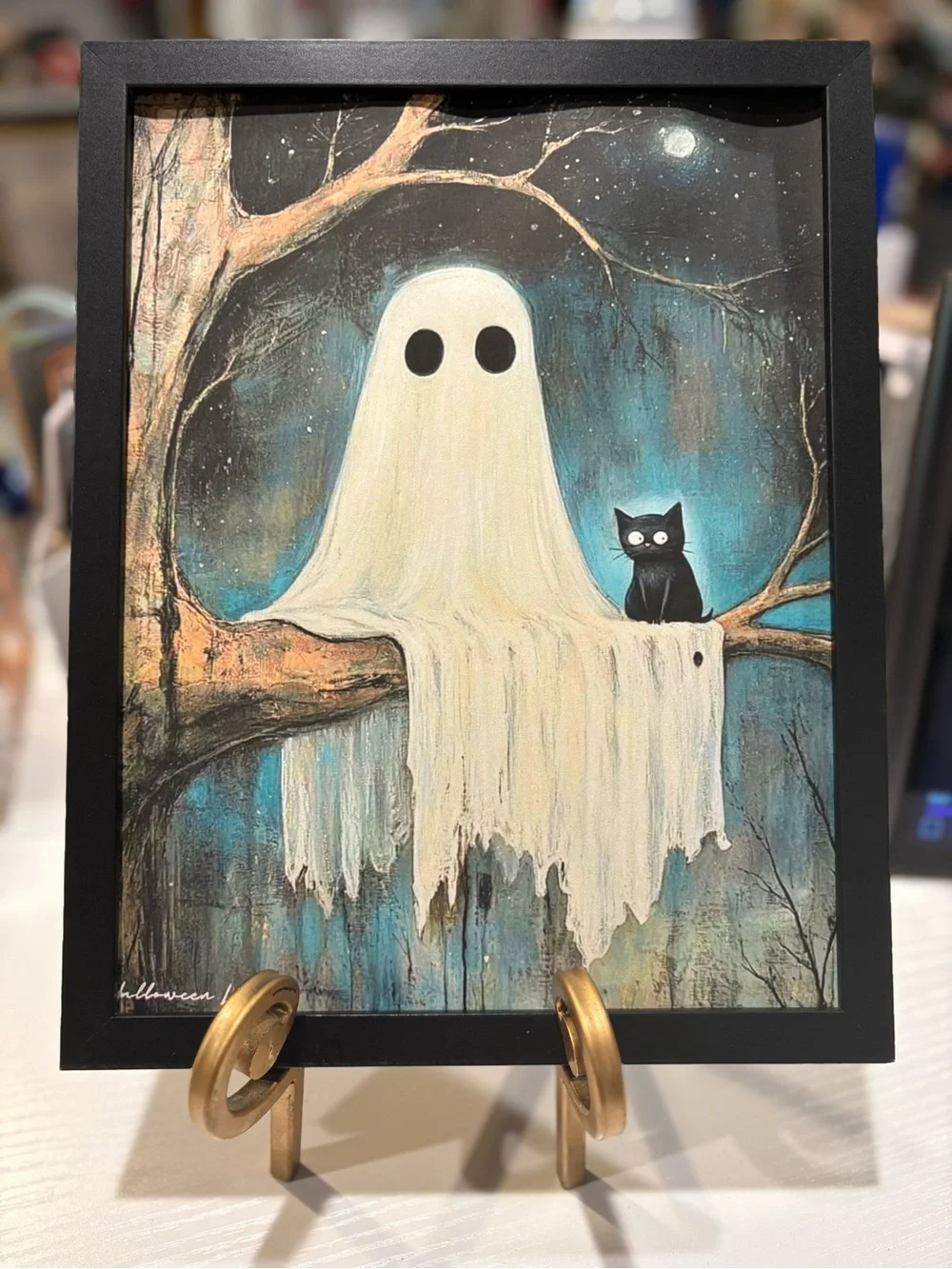 Whimsical Ghost & Black Cat Framed 8x10 Wall Art